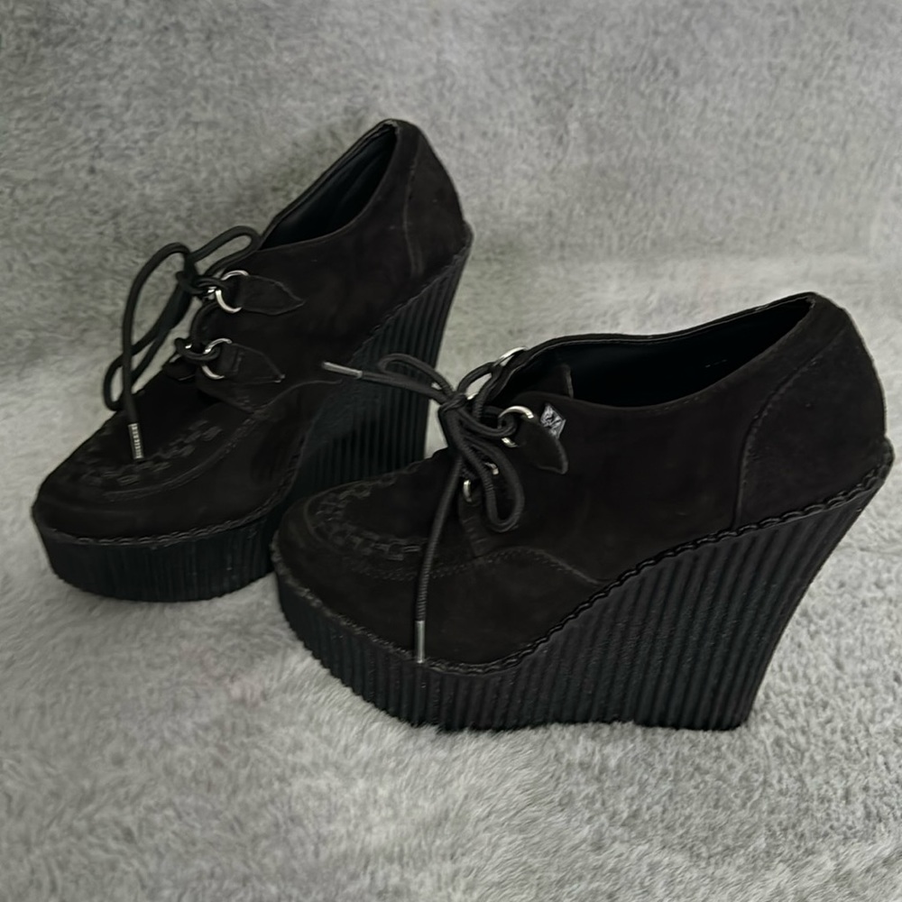 T.U.K brand black wedges, size 6.